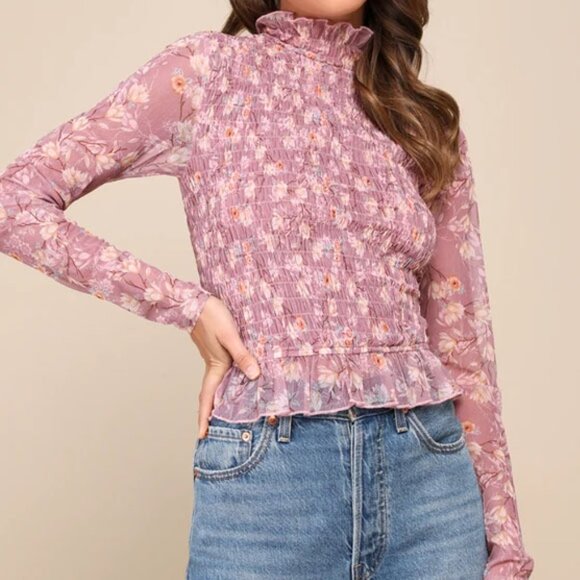NEW Lulu's Sophisticated Blossom Mauve Pink Floral Mesh Smocked Mock Neck Top XL - Picture 4 of 15